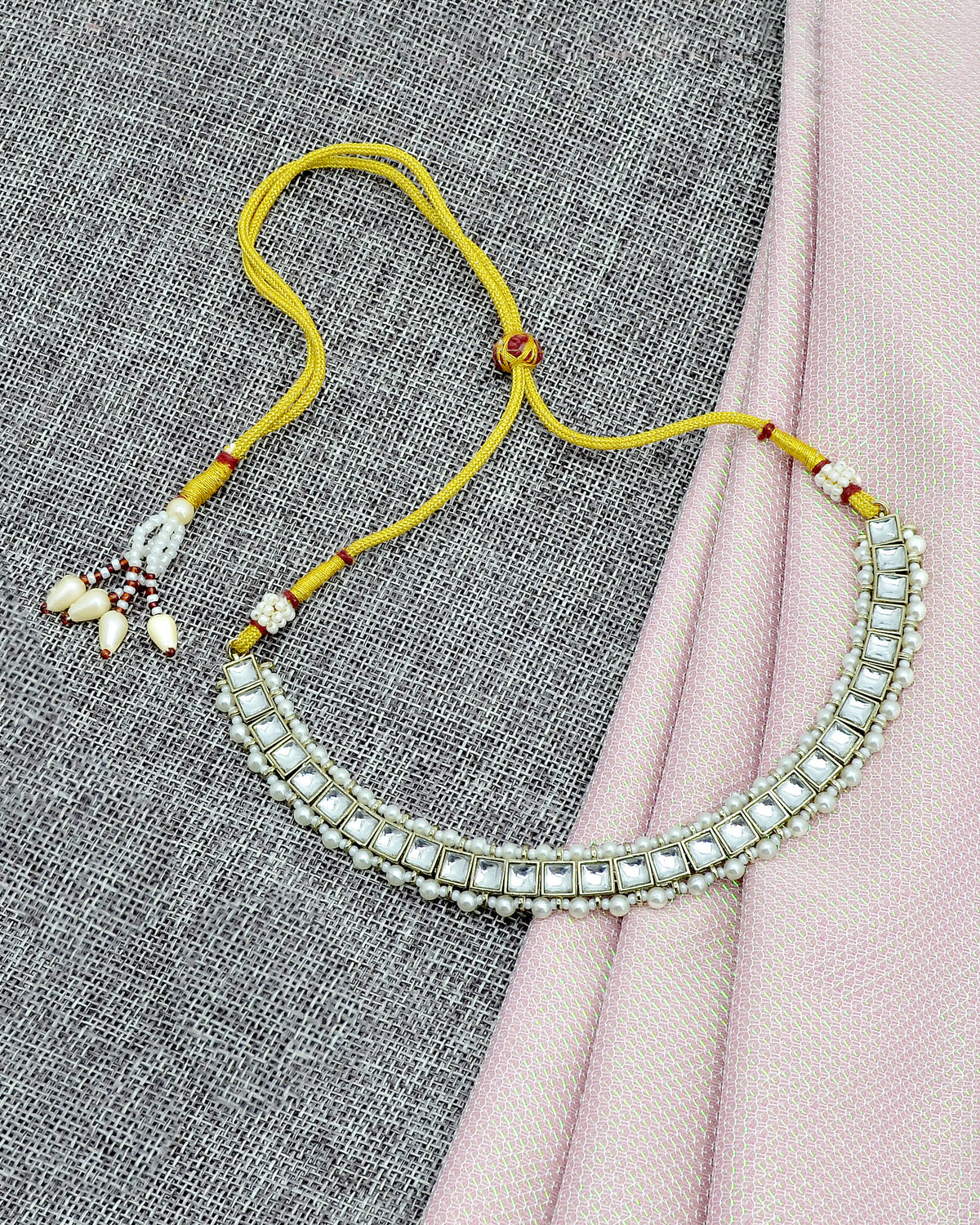 Square Shape Pearls Antique Gold Plated Choker Necklace Set - side view | Saloni Jewellery