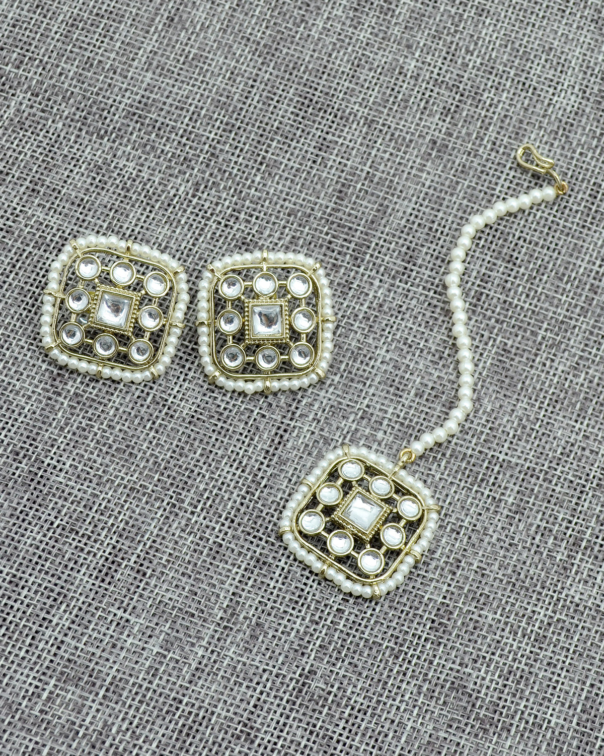 Square Shape Pearls Antique Gold Plated Choker Necklace Set - back view | Saloni Jewellery
