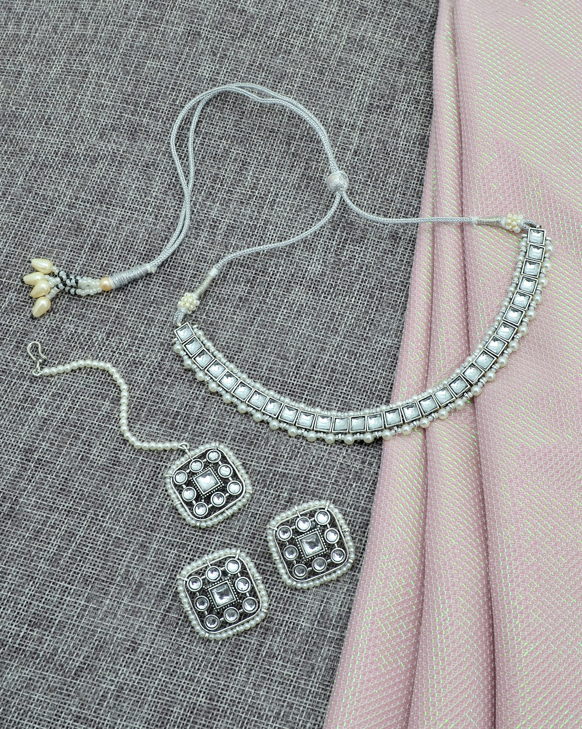 Square Shape Pearls Silver Plated Choker Necklace Set With Maangtikka | Saloni Jewellery, Mumbai