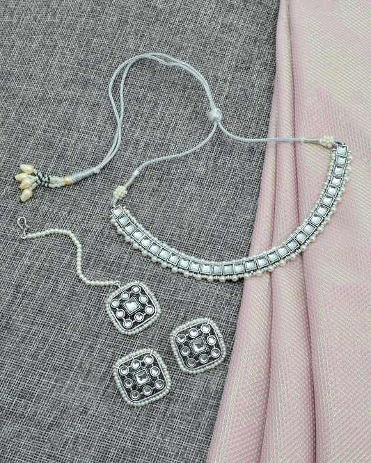 Square Shape Pearls Silver Plated Choker Necklace Set With Maangtikka | Saloni Jewellery, Mumbai
