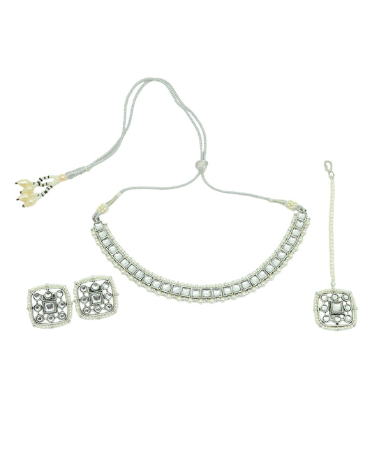 Square Shape Pearls Silver Plated Choker Necklace Set - close-up detail | Saloni Jewellery