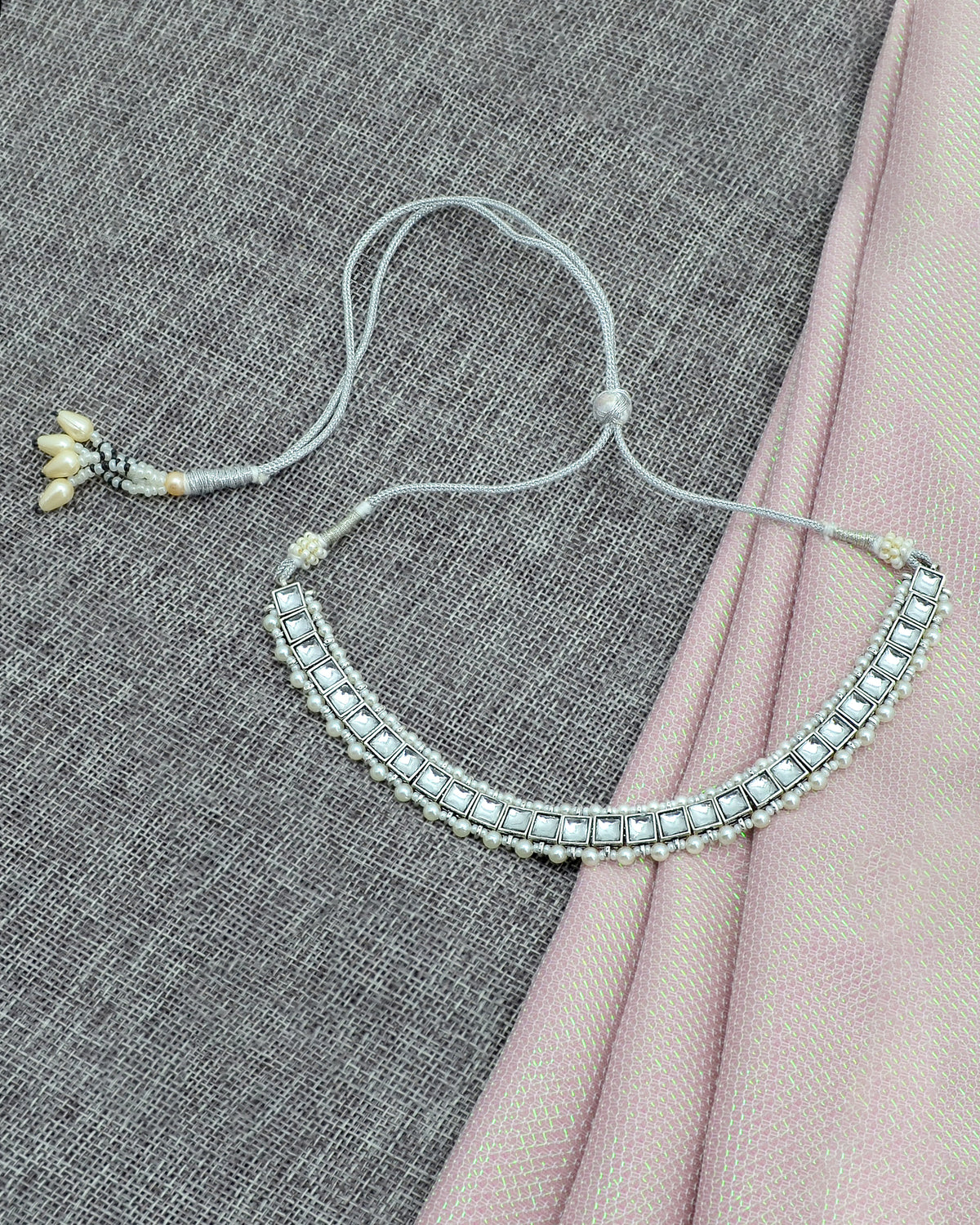 Square Shape Pearls Silver Plated Choker Necklace Set - side view | Saloni Jewellery, Mumbai