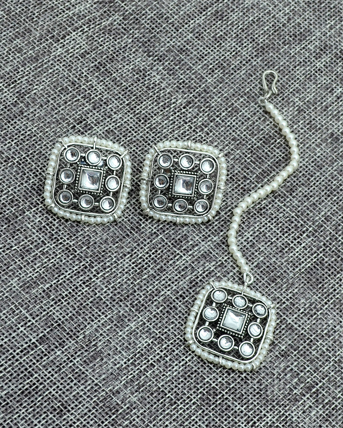 Square Shape Pearls Silver Plated Choker Necklace Set - back view | Saloni Jewellery, Mumbai