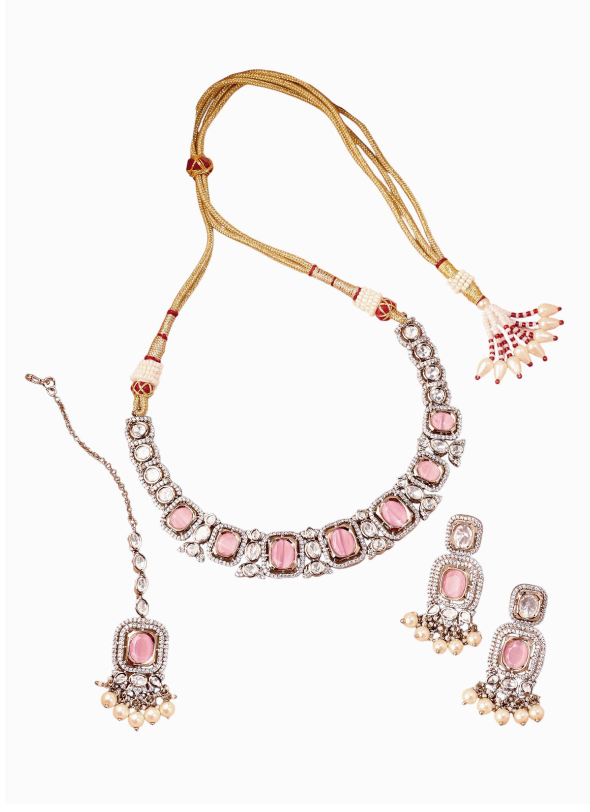 Saloni Fashion Jewellery Square Shape Pink Kundan Stone Antique Gold Plated Choker Brass Necklace With Maang Tikka For Women and Girls