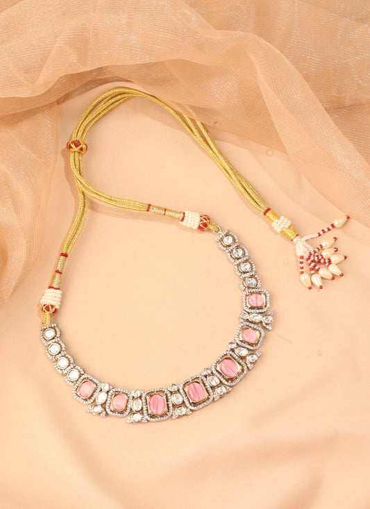 Saloni Fashion Jewellery Square Shape Pink Kundan Stone Antique Gold Plated Choker Brass Necklace With Maang Tikka For Women and Girls