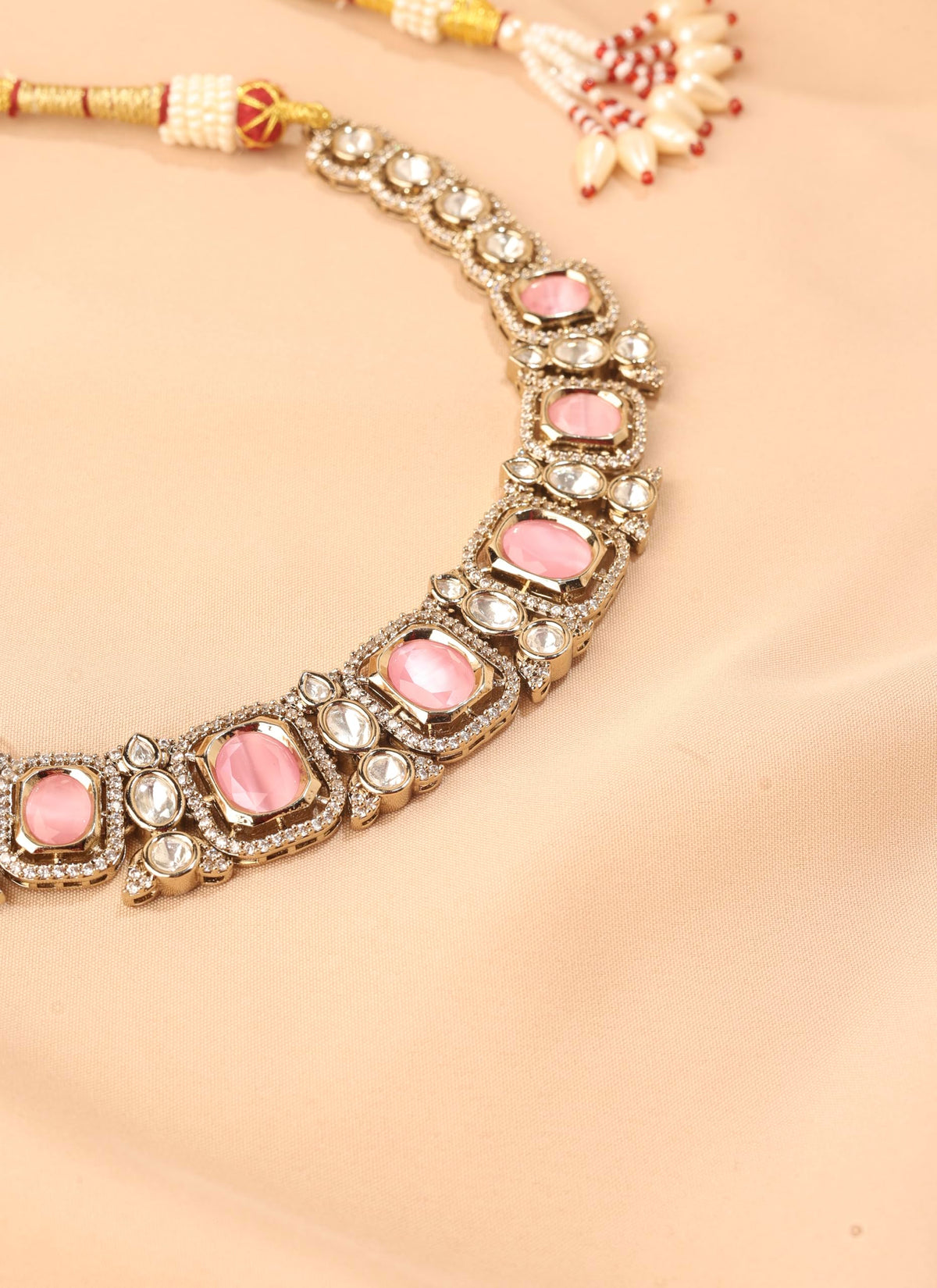 Saloni Fashion Jewellery Square Shape Pink Kundan Stone Antique Gold Plated Choker Brass Necklace With Maang Tikka For Women and Girls