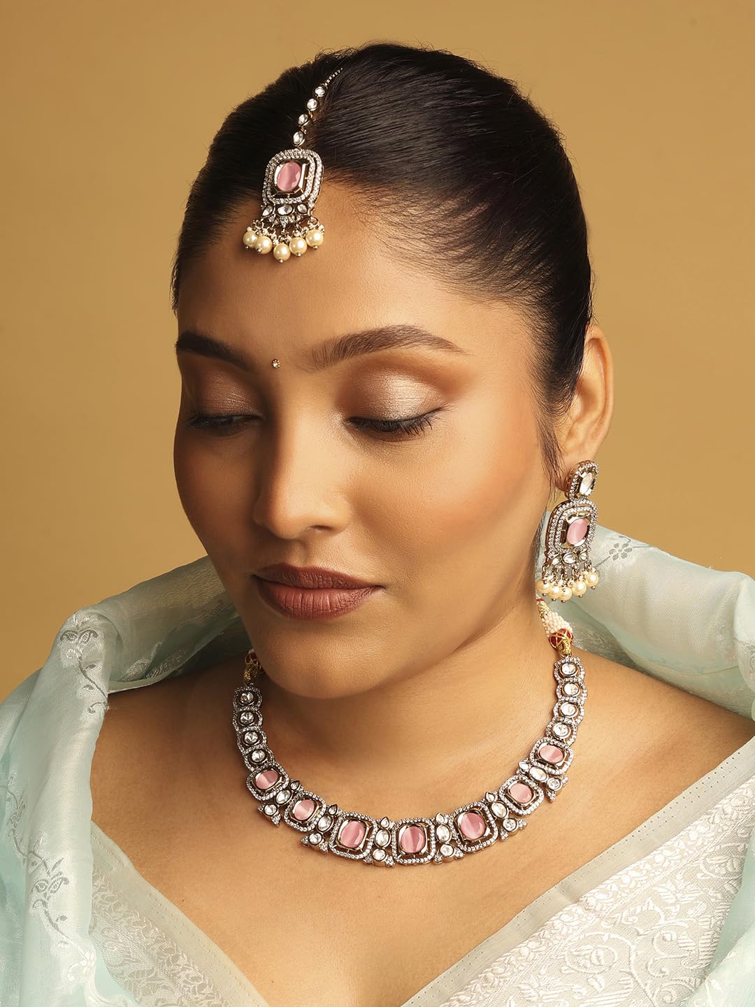 Saloni Fashion Jewellery Square Shape Pink Kundan Stone Antique Gold Plated Choker Brass Necklace With Maang Tikka For Women and Girls
