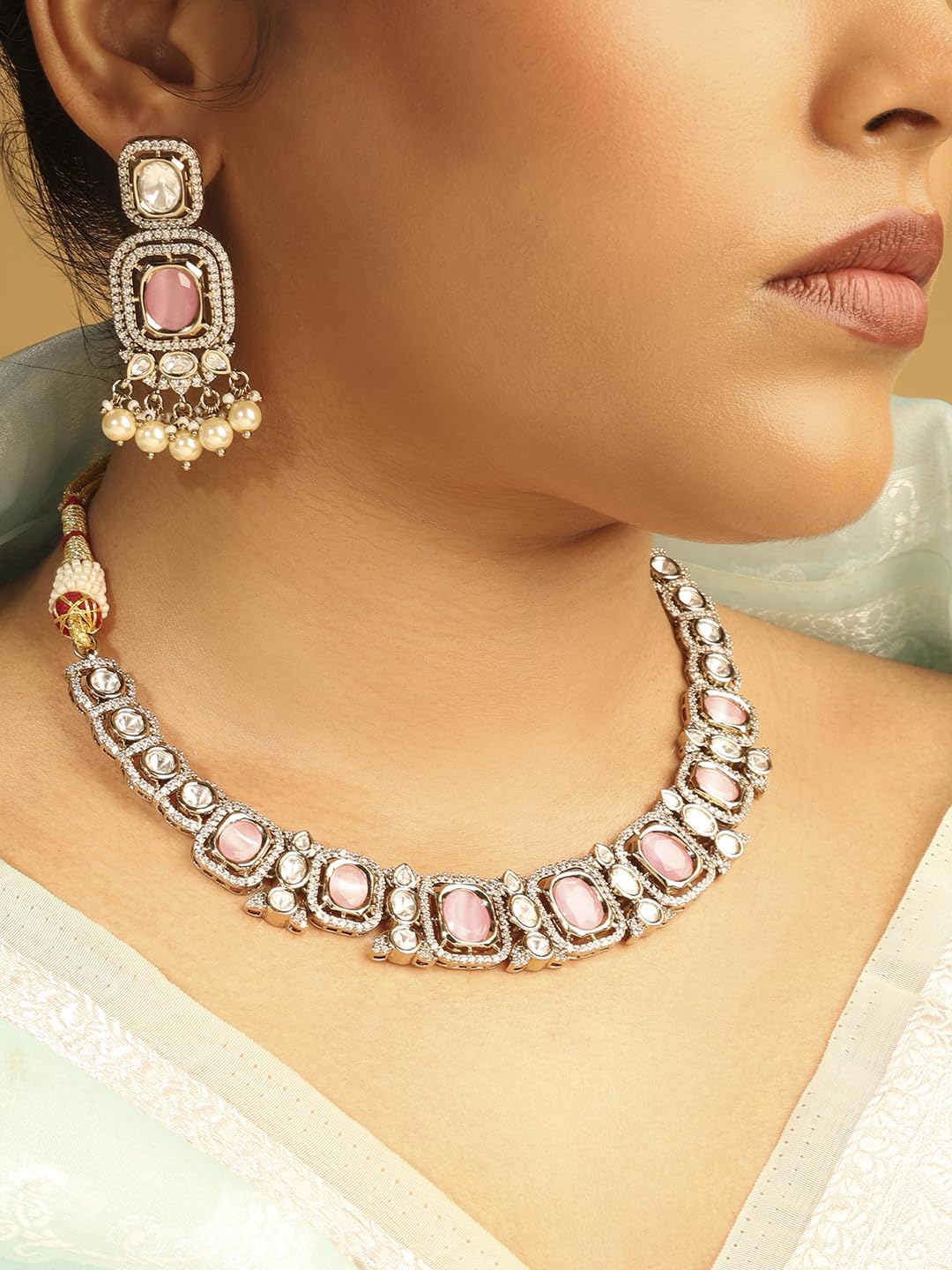 Saloni Fashion Jewellery Square Shape Pink Kundan Stone Antique Gold Plated Choker Brass Necklace With Maang Tikka For Women and Girls