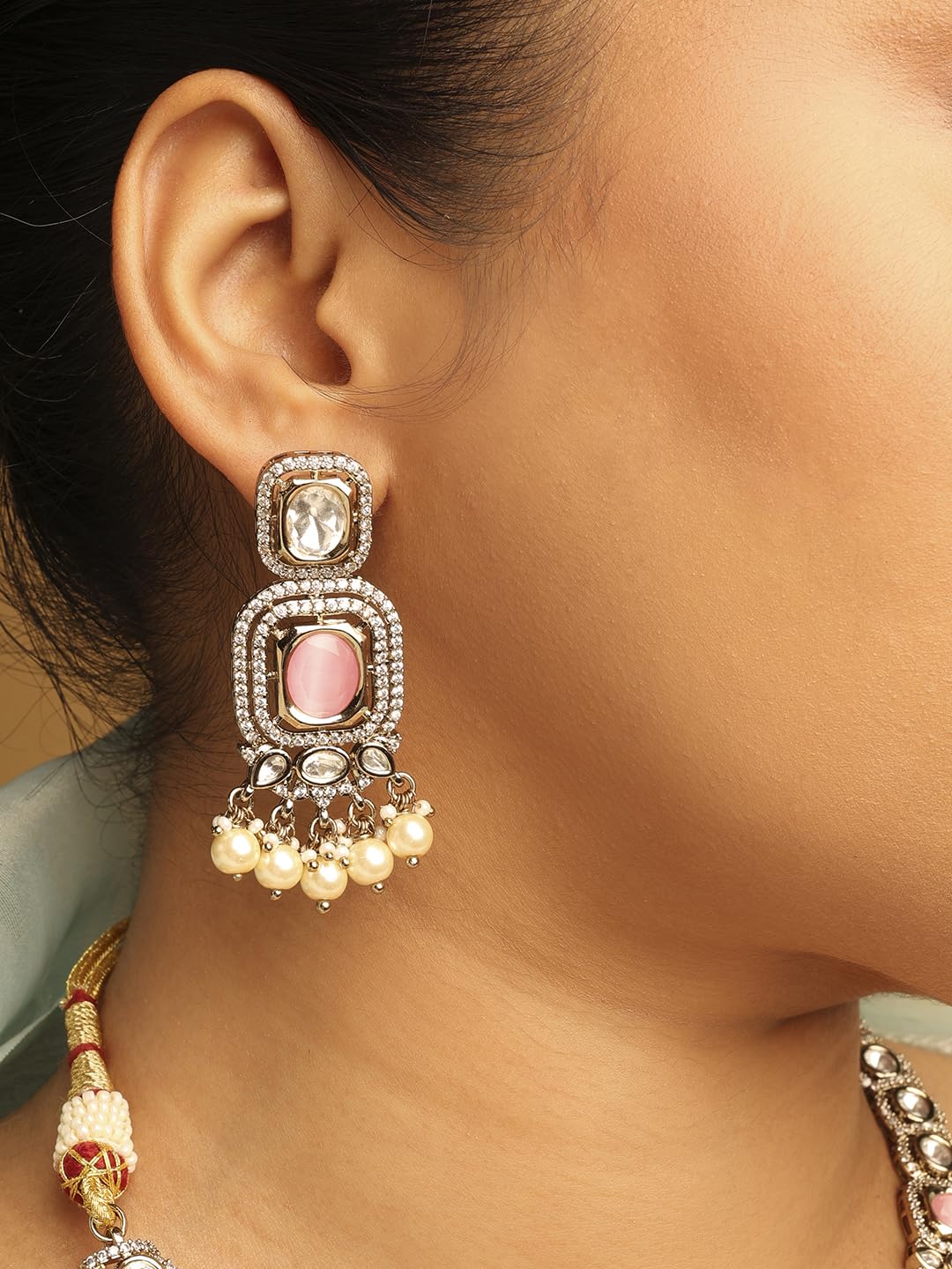 Saloni Fashion Jewellery Square Shape Pink Kundan Stone Antique Gold Plated Choker Brass Necklace With Maang Tikka For Women and Girls