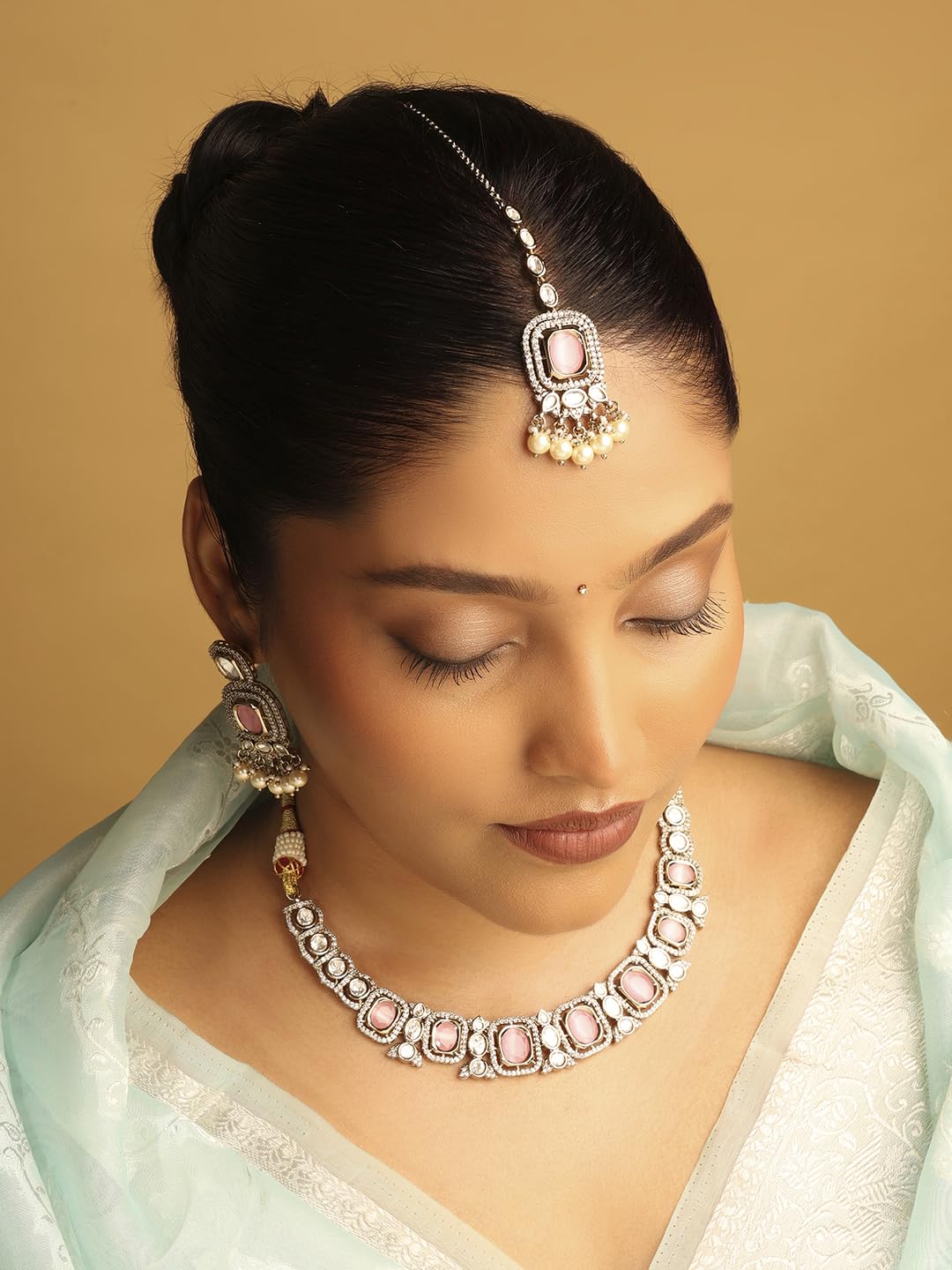 Saloni Fashion Jewellery Square Shape Pink Kundan Stone Antique Gold Plated Choker Brass Necklace With Maang Tikka For Women and Girls
