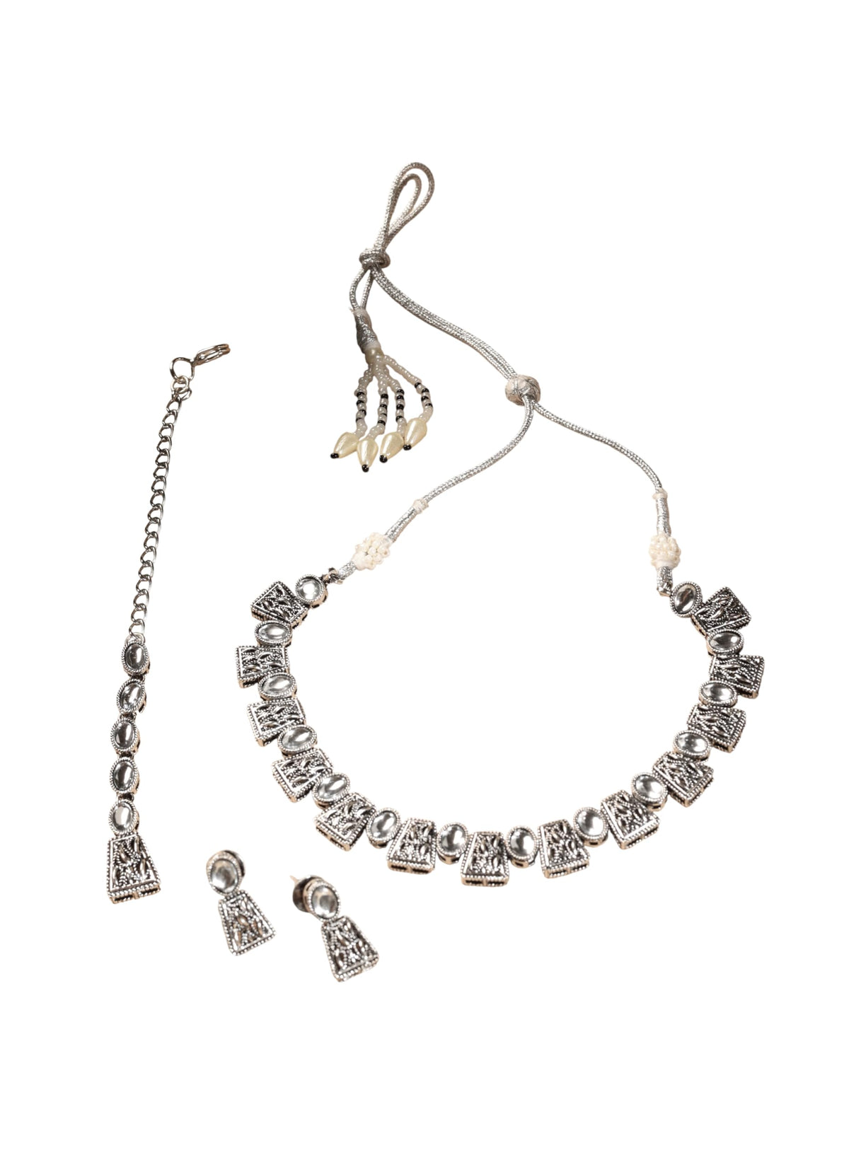 Saloni Fashion Jewellery Square Shape Silver Kundan Stone Antique Gold Plated Brass Choker Necklace Set with Maang Tikka For Women and Girls
