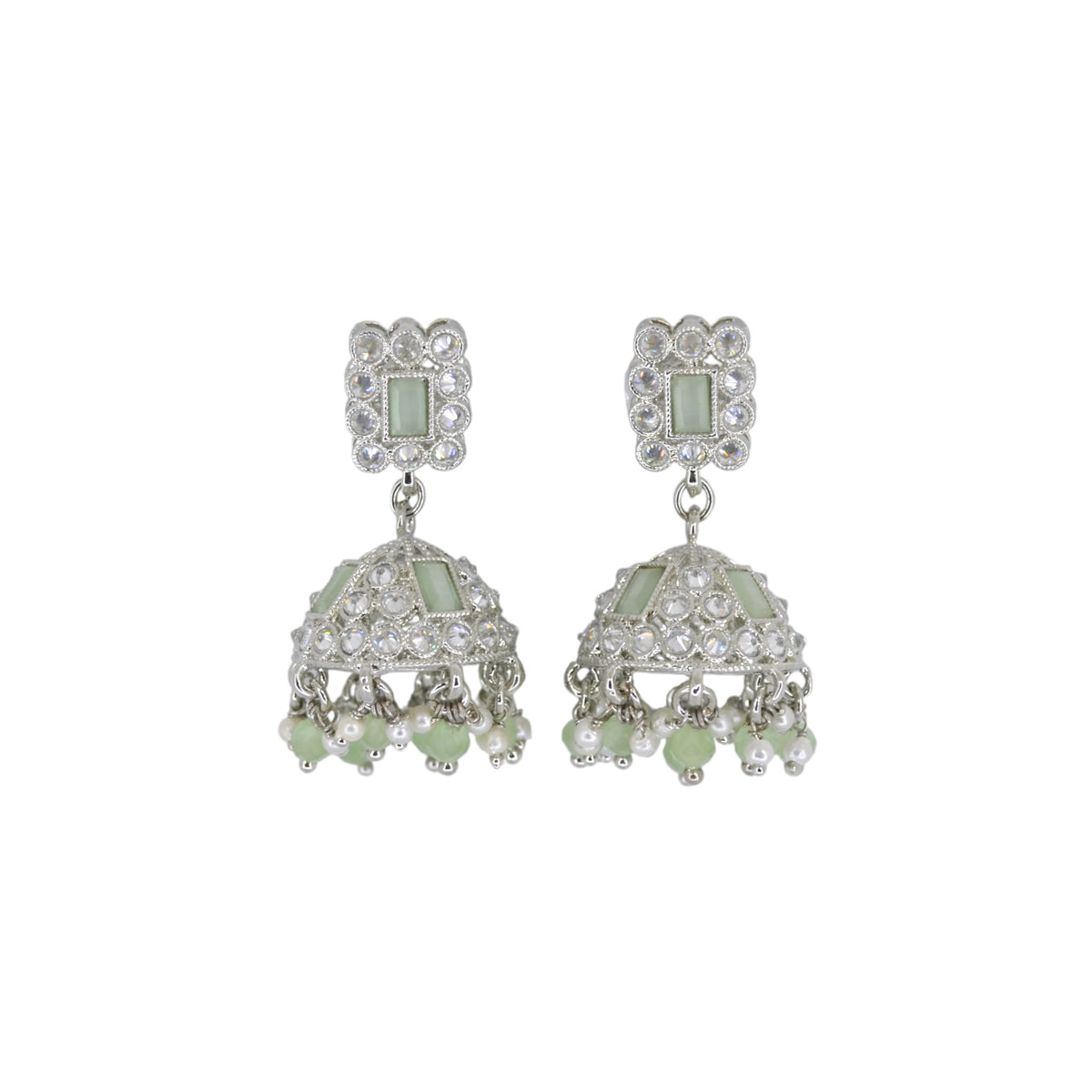 Saloni Fashion Jewellery Square Shape Silver Plated Light Green Kundan Stone Jhumki Earring For Women and Girls - view 2