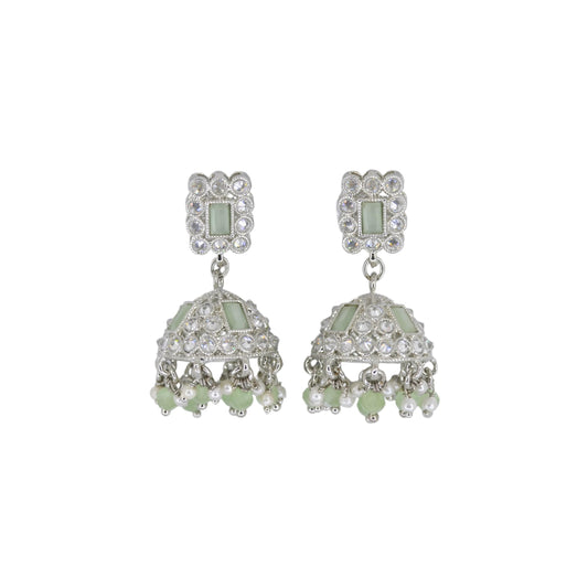 Saloni Fashion Jewellery Square Shape Silver Plated Light Green Kundan Stone Jhumki Earring For Women and Girls