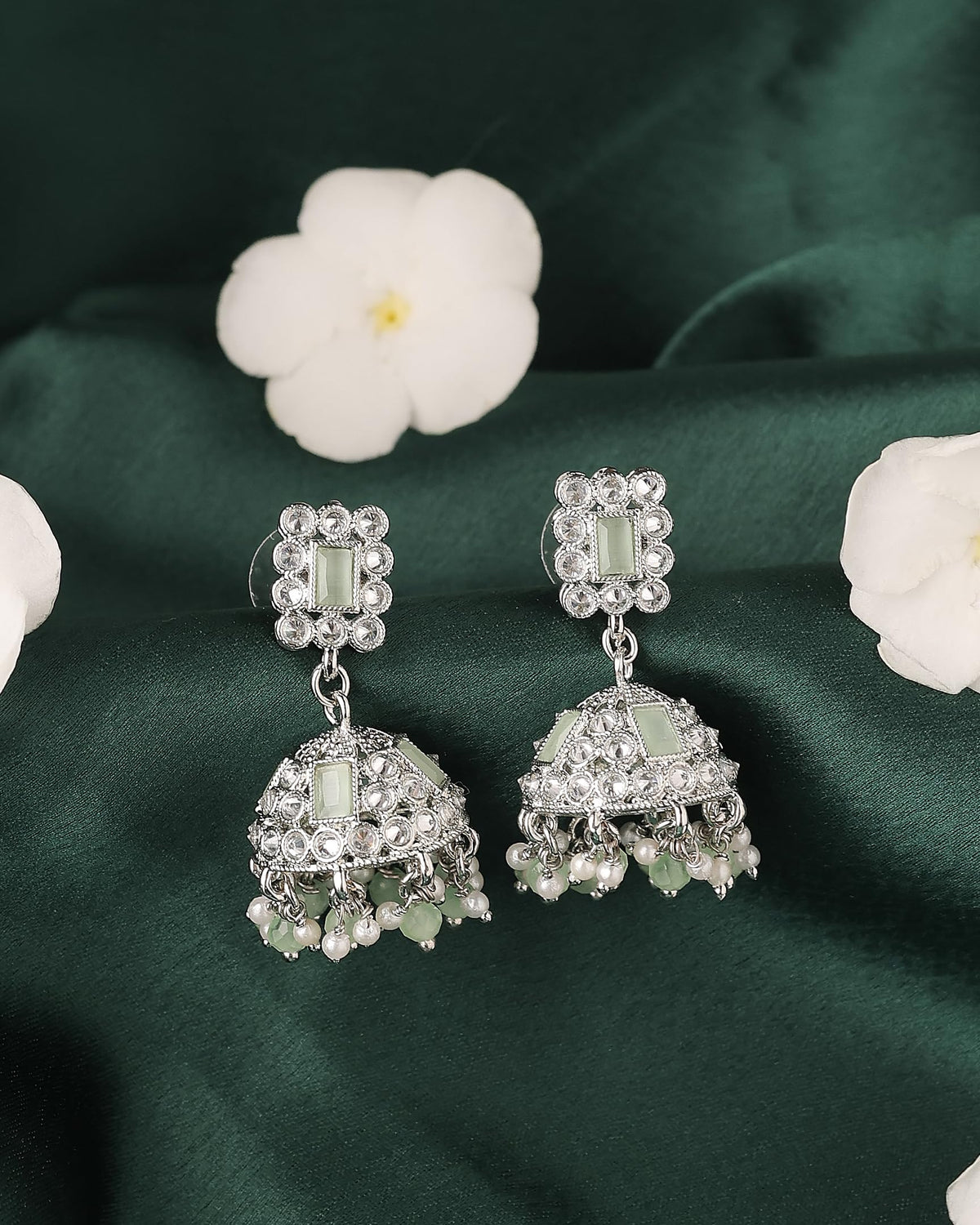 Saloni Fashion Jewellery Square Shape Silver Plated Light Green Kundan Stone Jhumki Earring For Women and Girls - view 3