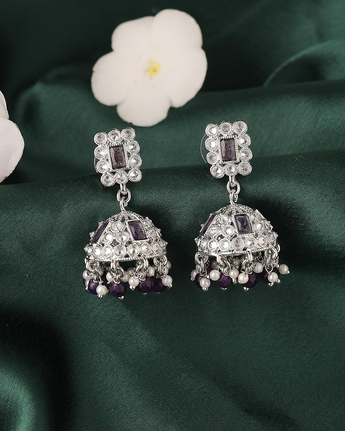 Saloni Fashion Jewellery Square Shape Silver Plated Purple Kundan Stone Jhumki Earring For Women and Girls - view 3