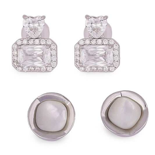 Saloni Fashion Jewellery Square Shape Studded CZ Silver Plated Combo Set of 2 Stud Earring For Women