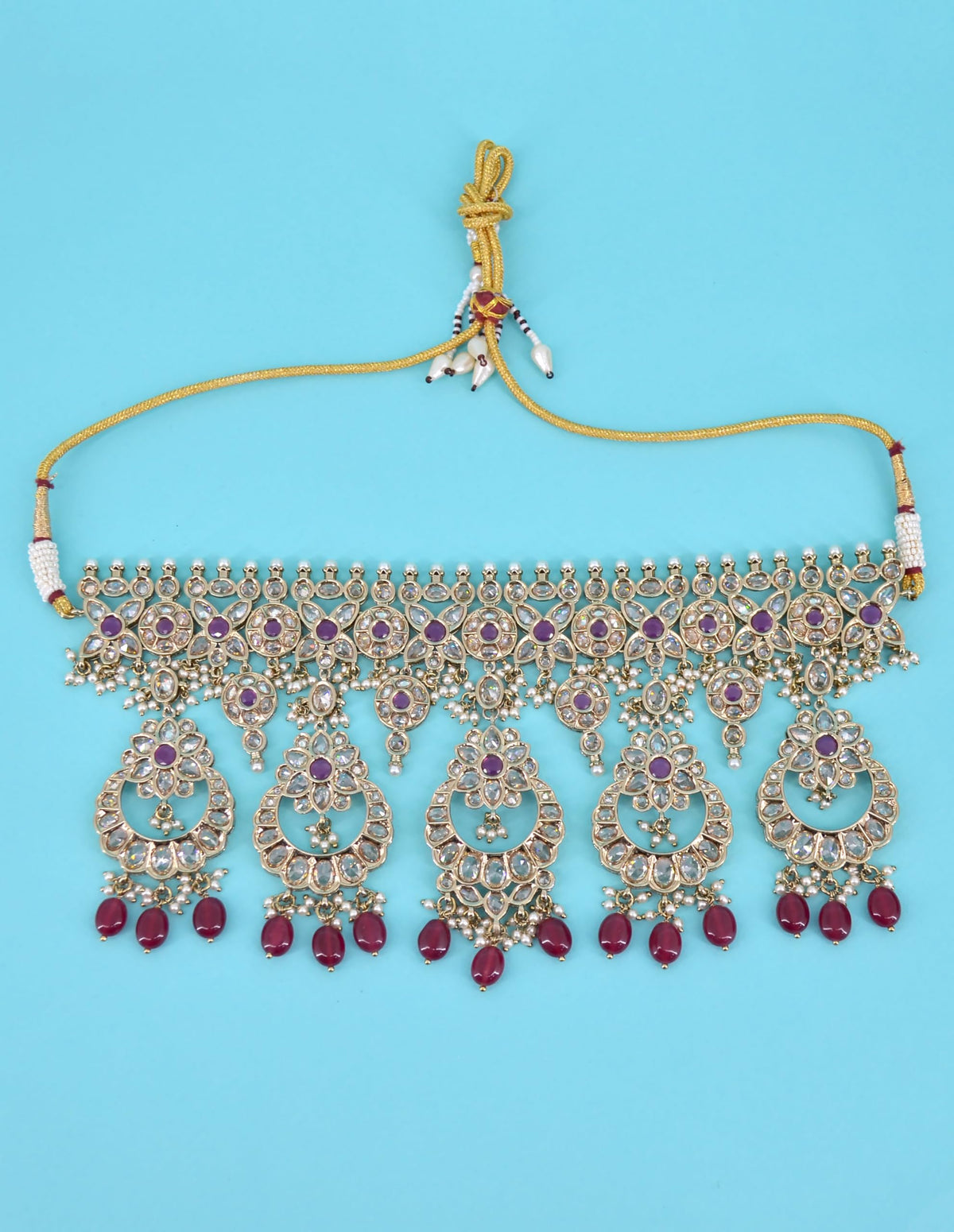 Saloni Fashion Jewellery Superb Flower and Chandelier Shape Uncut Kundan Gold Plated Choker Necklace Set with Maangtikka For Women and Girls