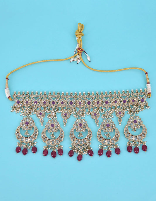 Saloni Fashion Jewellery Superb Flower and Chandelier Shape Uncut Kundan Gold Plated Choker Necklace Set with Maangtikka For Women and Girls