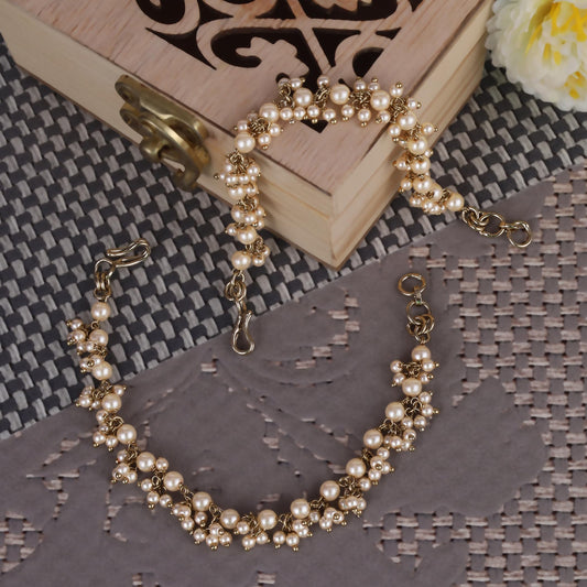 Saloni Fashion Jewellery Traditional 3 String Long Chain Gold Plated Combo Set of 2 Pearl Ear-Chain (Kaanchain) For Women