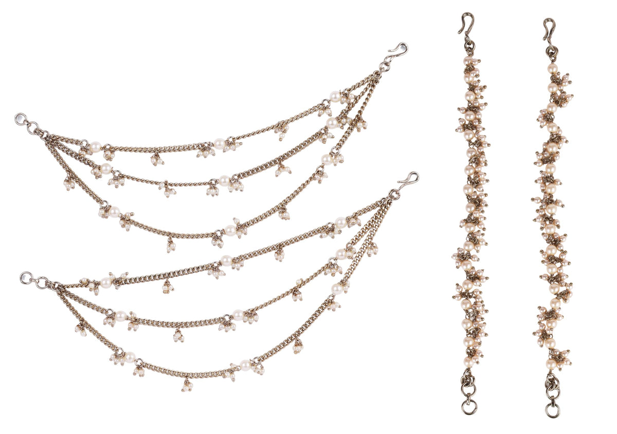Saloni Fashion Jewellery Traditional 3 String Long Chain Gold Plated Combo Set of 2 Pearl Ear-Chain (Kaanchain) For Women