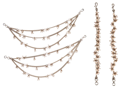 Saloni Fashion Jewellery Traditional 3 String Long Chain Gold Plated Combo Set of 2 Pearl Ear-Chain (Kaanchain) For Women
