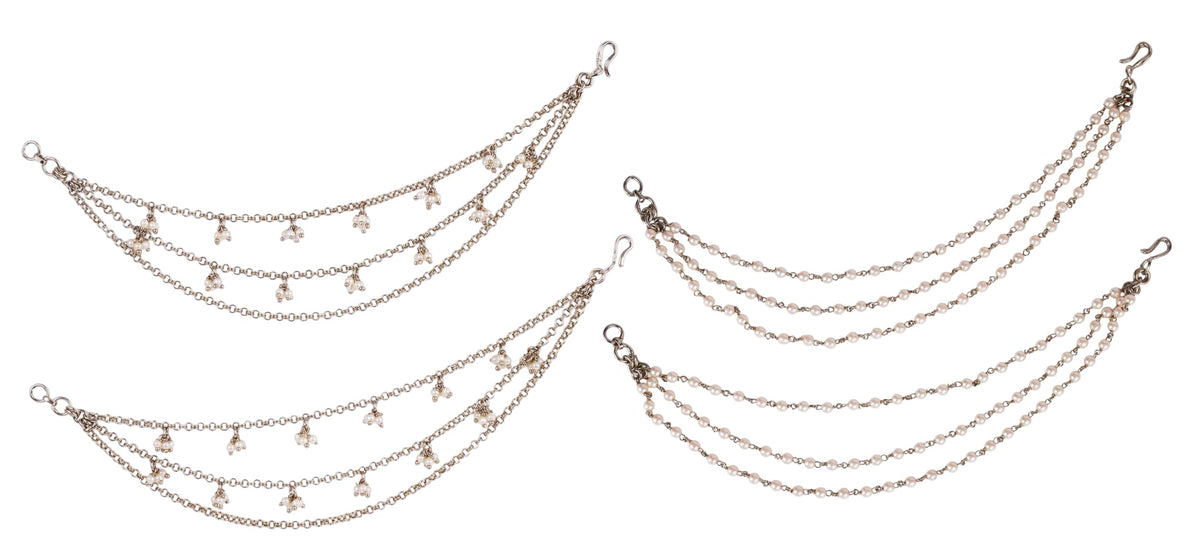 Saloni Fashion Jewellery Traditional 3 String Long Chain Gold Plated Combo Set of 2 Pearl Ear-Chain (Kaanchain) For Women