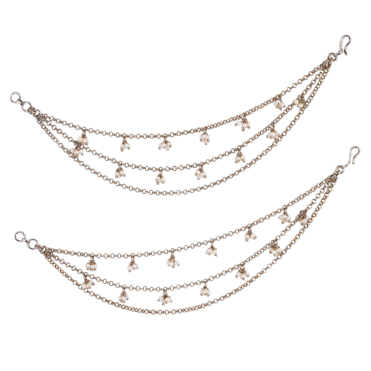 Saloni Fashion Jewellery Traditional 3 String Long Chain Gold Plated Combo Set of 2 Pearl Ear-Chain (Kaanchain) For Women