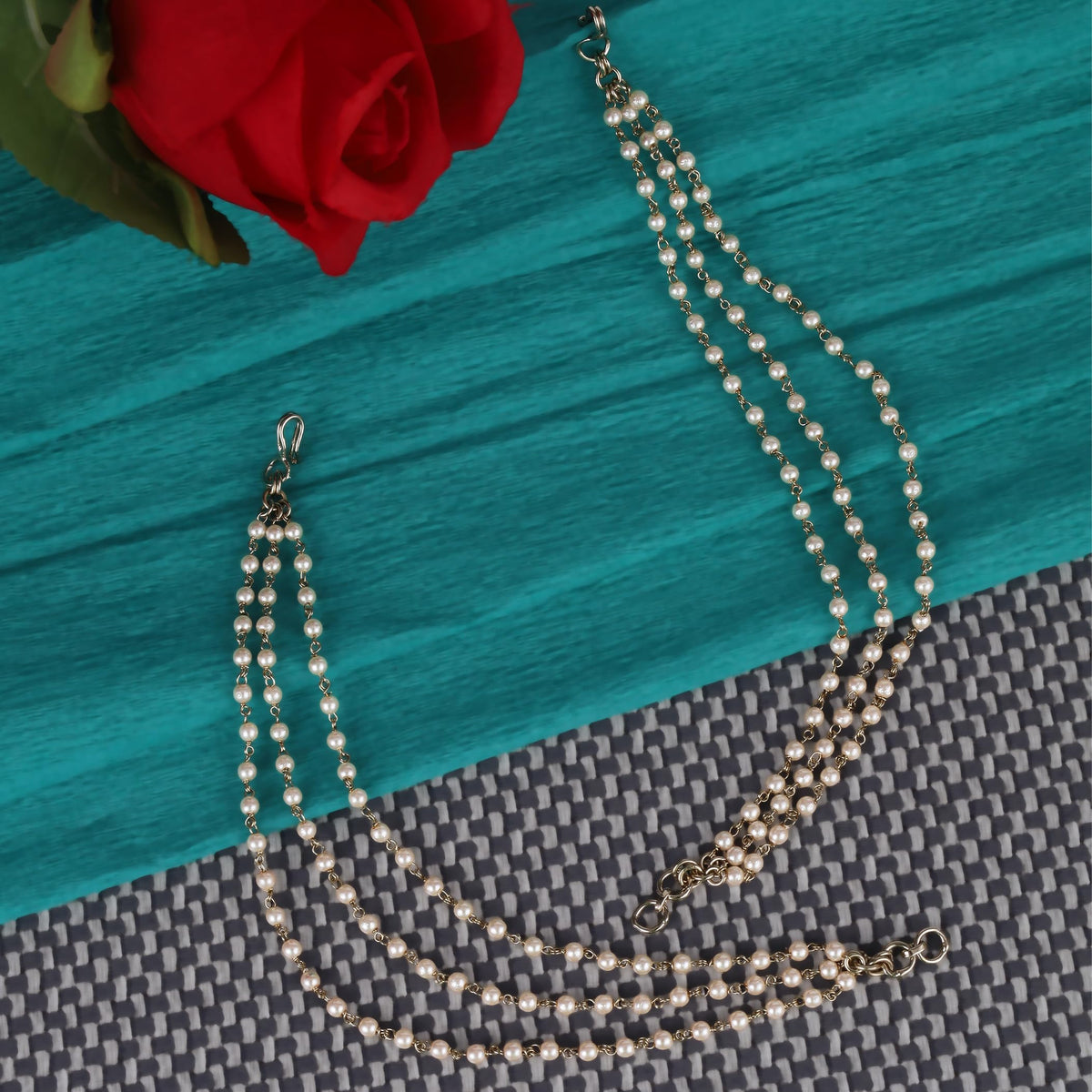 Saloni Fashion Jewellery Traditional 3 String Long Chain Gold Plated Set of 2 Pearl Ear-Chain (Kaanchain) For Women