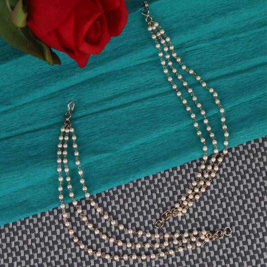 Saloni Fashion Jewellery Traditional 3 String Long Chain Gold Plated Set of 2 Pearl Ear-Chain (Kaanchain) For Women