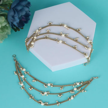 Saloni Fashion Jewellery Traditional 3 String Long Chain Gold Plated Set of 2 Pearl Ear-Chain (Kaanchain) For Women