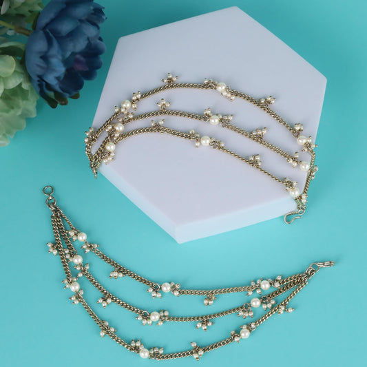 Saloni Fashion Jewellery Traditional 3 String Long Chain Gold Plated Set of 2 Pearl Ear-Chain (Kaanchain) For Women