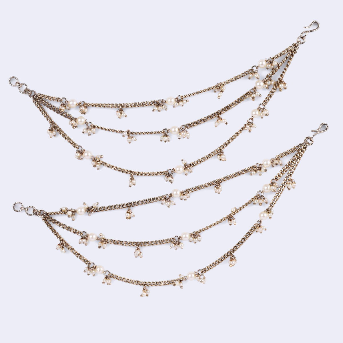 Saloni Fashion Jewellery Traditional 3 String Long Chain Gold Plated Set of 2 Pearl Ear-Chain (Kaanchain) For Women