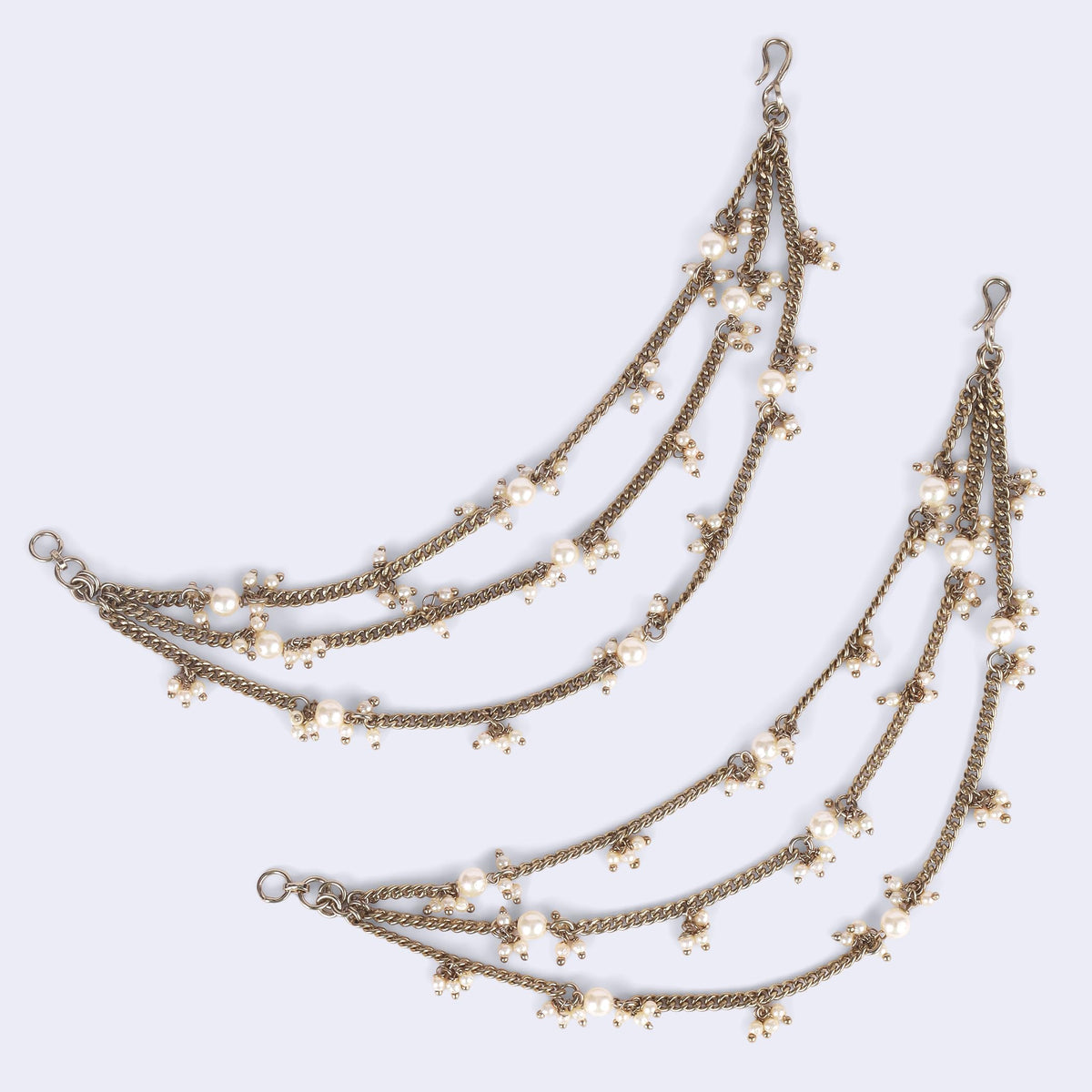 Saloni Fashion Jewellery Traditional 3 String Long Chain Gold Plated Set of 2 Pearl Ear-Chain (Kaanchain) For Women