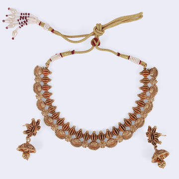 Saloni Fashion Jewellery Traditional Flower and Rudhraksh Design Gold Plated Choker Necklace Set For Women