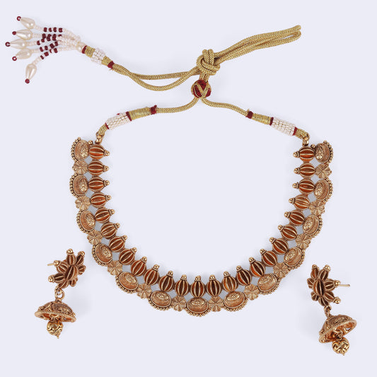 Saloni Fashion Jewellery Traditional Flower and Rudhraksh Design Gold Plated Choker Necklace Set For Women