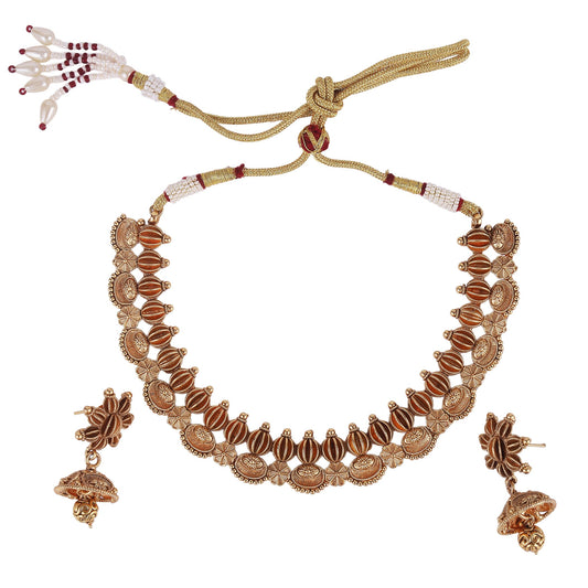 Saloni Fashion Jewellery Traditional Flower and Rudhraksh Design Gold Plated Choker Necklace Set For Women