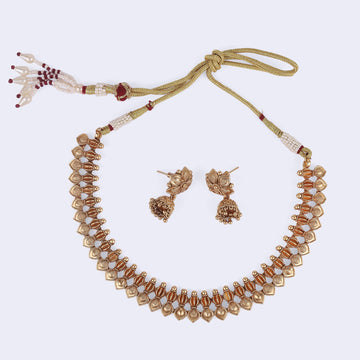Saloni Fashion Jewellery Traditional Flower and Rudhraksh Design Gold Plated Choker Necklace Set For Women