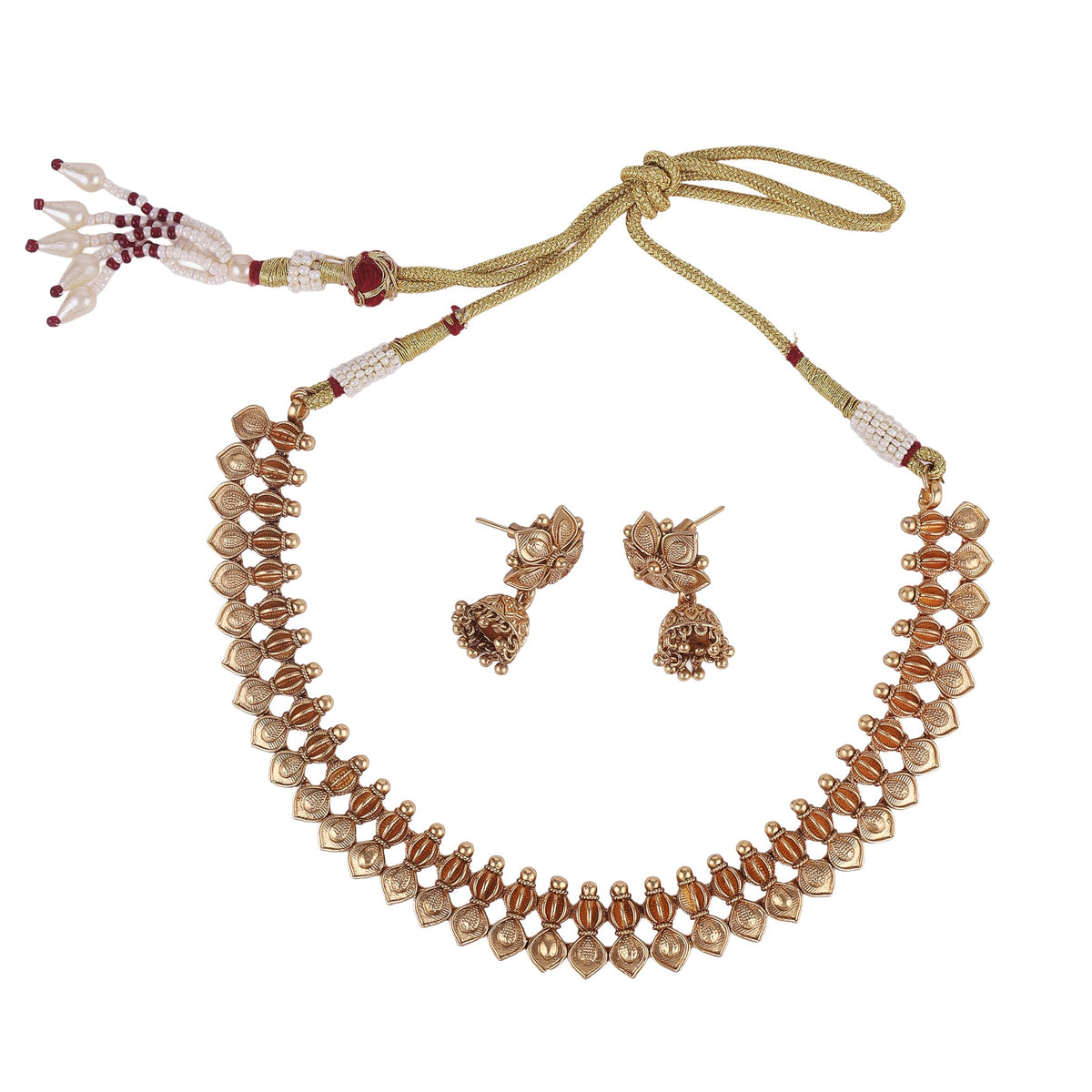 Saloni Fashion Jewellery Traditional Flower and Rudhraksh Design Gold Plated Choker Necklace Set For Women