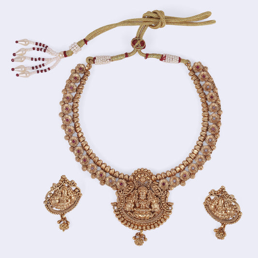 Saloni Fashion Jewellery Traditional Laxmi and Flower Design Gold Plated Choker Necklace Set For Women