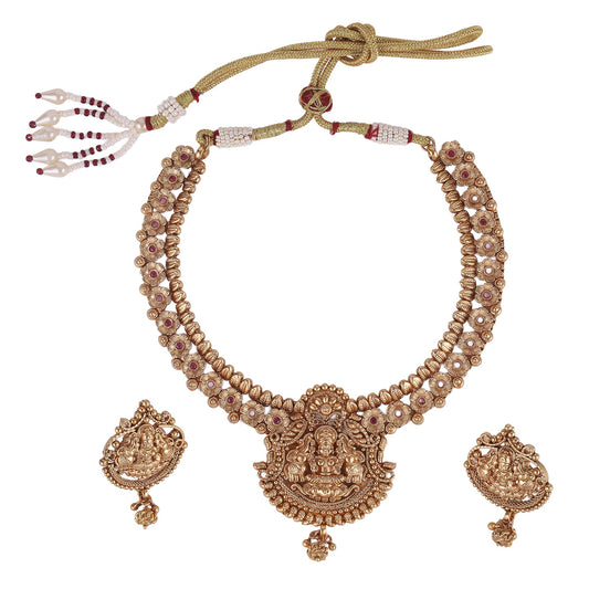 Saloni Fashion Jewellery Traditional Laxmi and Flower Design Gold Plated Choker Necklace Set For Women