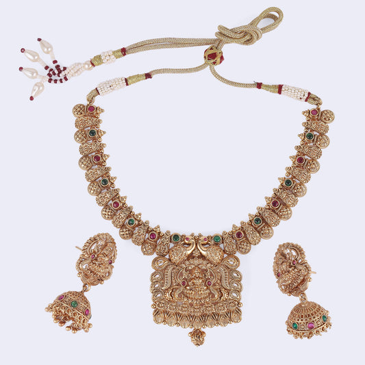 Saloni Fashion Jewellery Traditional Laxmi and Peacock Design Gold Plated Choker Necklace Set For Women