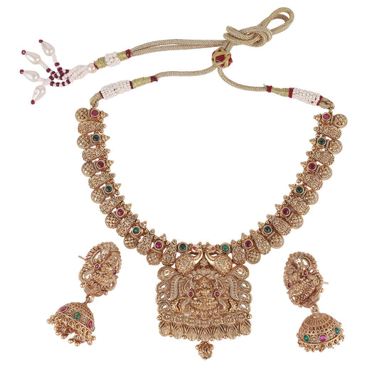Saloni Fashion Jewellery Traditional Laxmi and Peacock Design Gold Plated Choker Necklace Set For Women