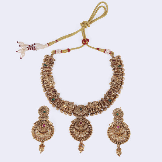 Saloni Fashion Jewellery Traditional Leaf Flower and Elephant Shape Gold Plated Choker Necklace Set For Women