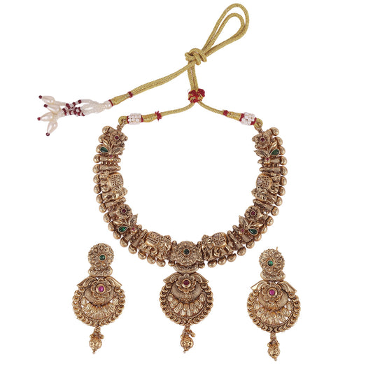 Saloni Fashion Jewellery Traditional Leaf Flower and Elephant Shape Gold Plated Choker Necklace Set For Women