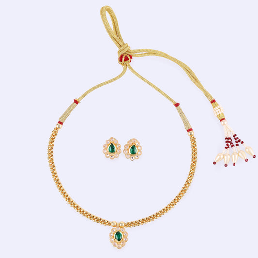 Saloni Fashion Jewellery Traditional Oval Shape Golden Balls Green Stone Gold Plated Choker Necklace Set For Women