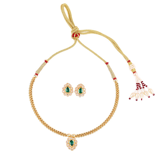 Saloni Fashion Jewellery Traditional Oval Shape Golden Balls Green Stone Gold Plated Choker Necklace Set For Women