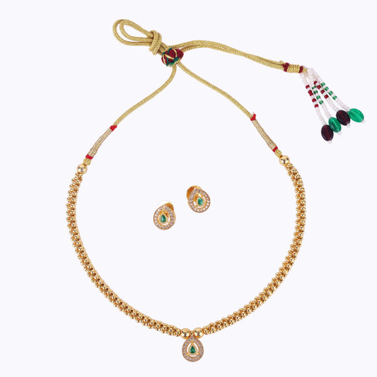 Saloni Fashion Jewellery Traditional Oval Shape Golden Balls Green Stone Gold Plated Choker Necklace Set For Women