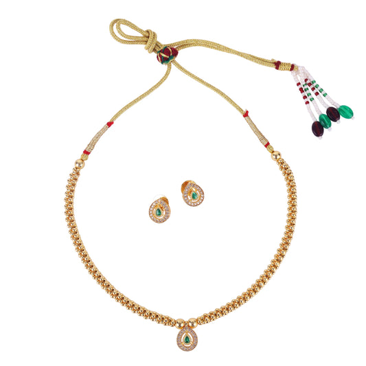 Saloni Fashion Jewellery Traditional Oval Shape Golden Balls Green Stone Gold Plated Choker Necklace Set For Women