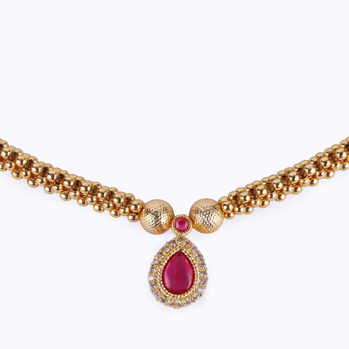 Saloni Fashion Jewellery Traditional Oval Shape Golden Balls Pink Stone Gold Plated Choker Necklace For Women - view 3