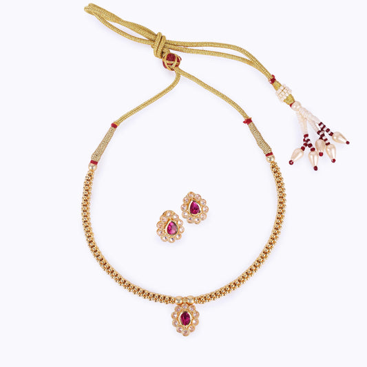 Saloni Fashion Jewellery Traditional Oval Shape Golden Balls Pink Stone Gold Plated Choker Necklace Set For Women
